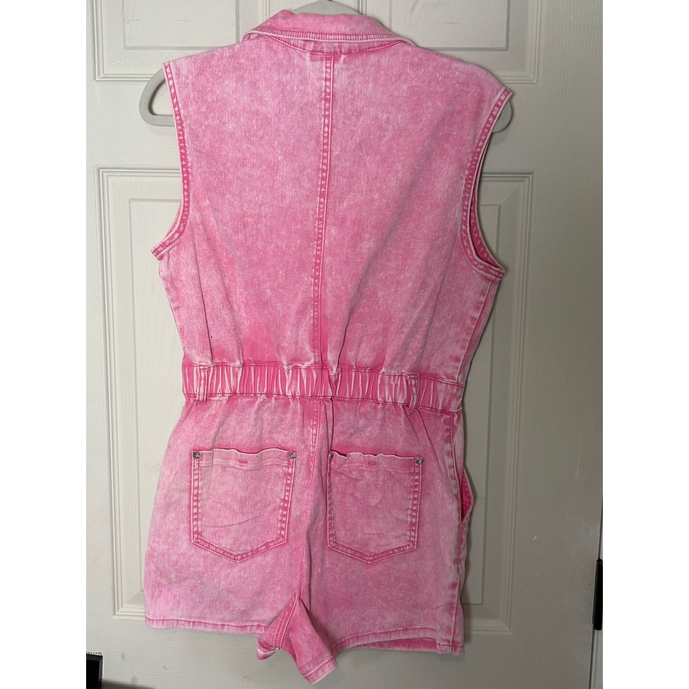 Vibrant MIU Pink Acid Wash Denim Romper Womens M Utility Y2K Barbiecore - Picture 5 of 16